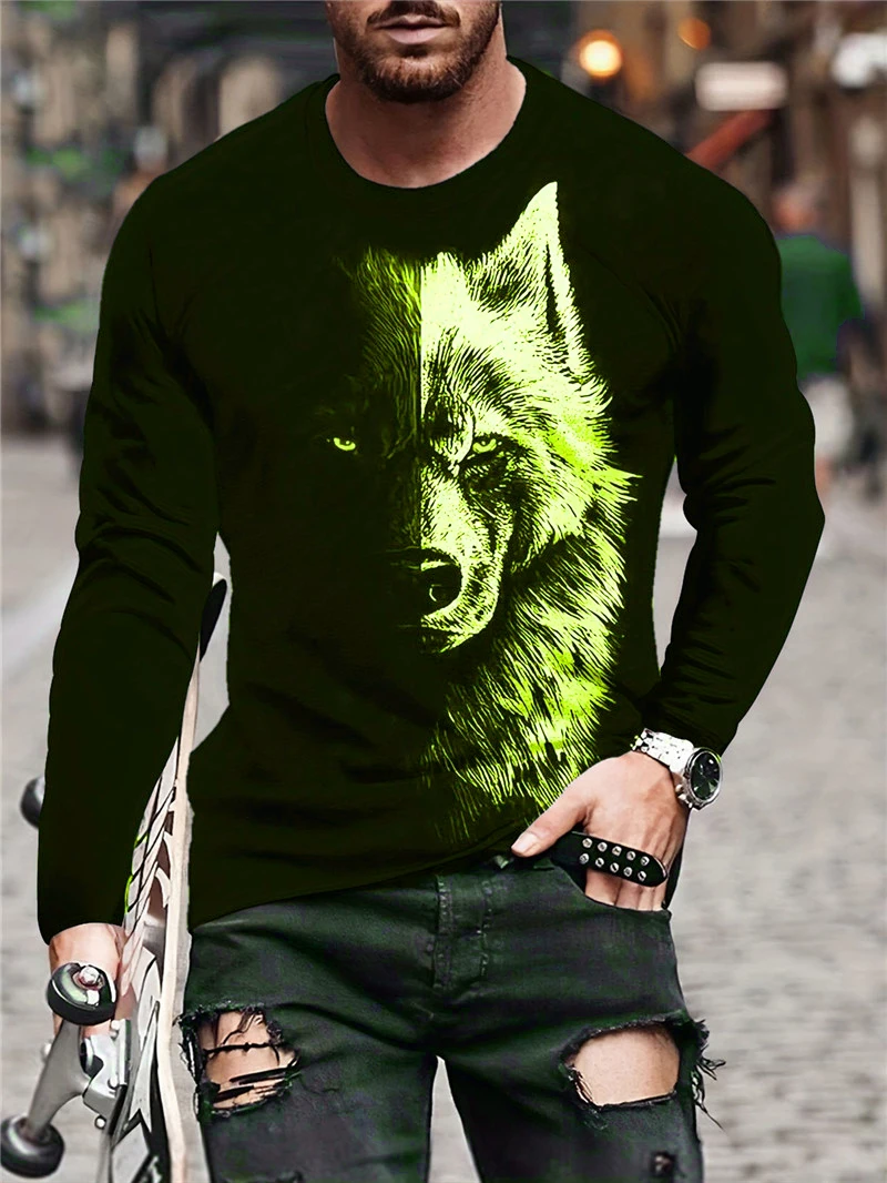 Man wearing a long sleeve 3D abstract wolf print T-shirt in hip hop streetwear style L green