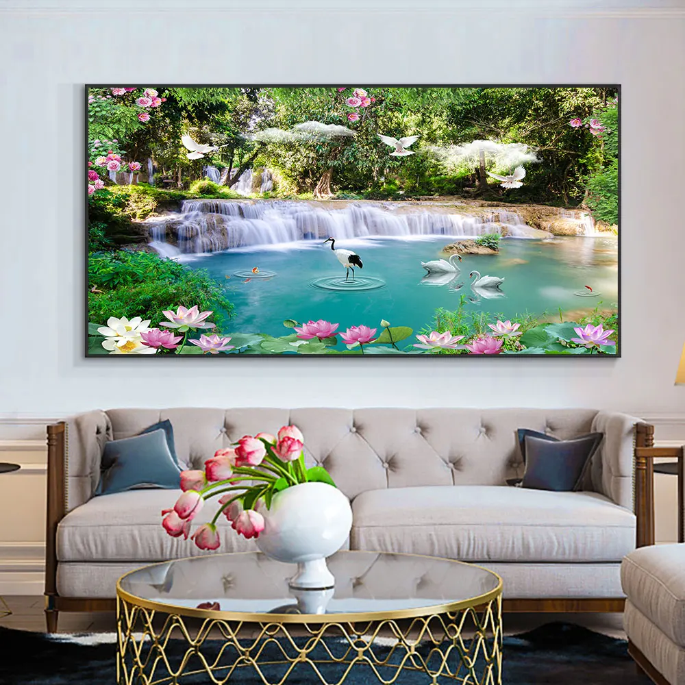 Nordic Landscape Poster And Prints Abstract Swan Waterfall Lotus Canvas Painting Wall Art Modern For Living Room Home Decor