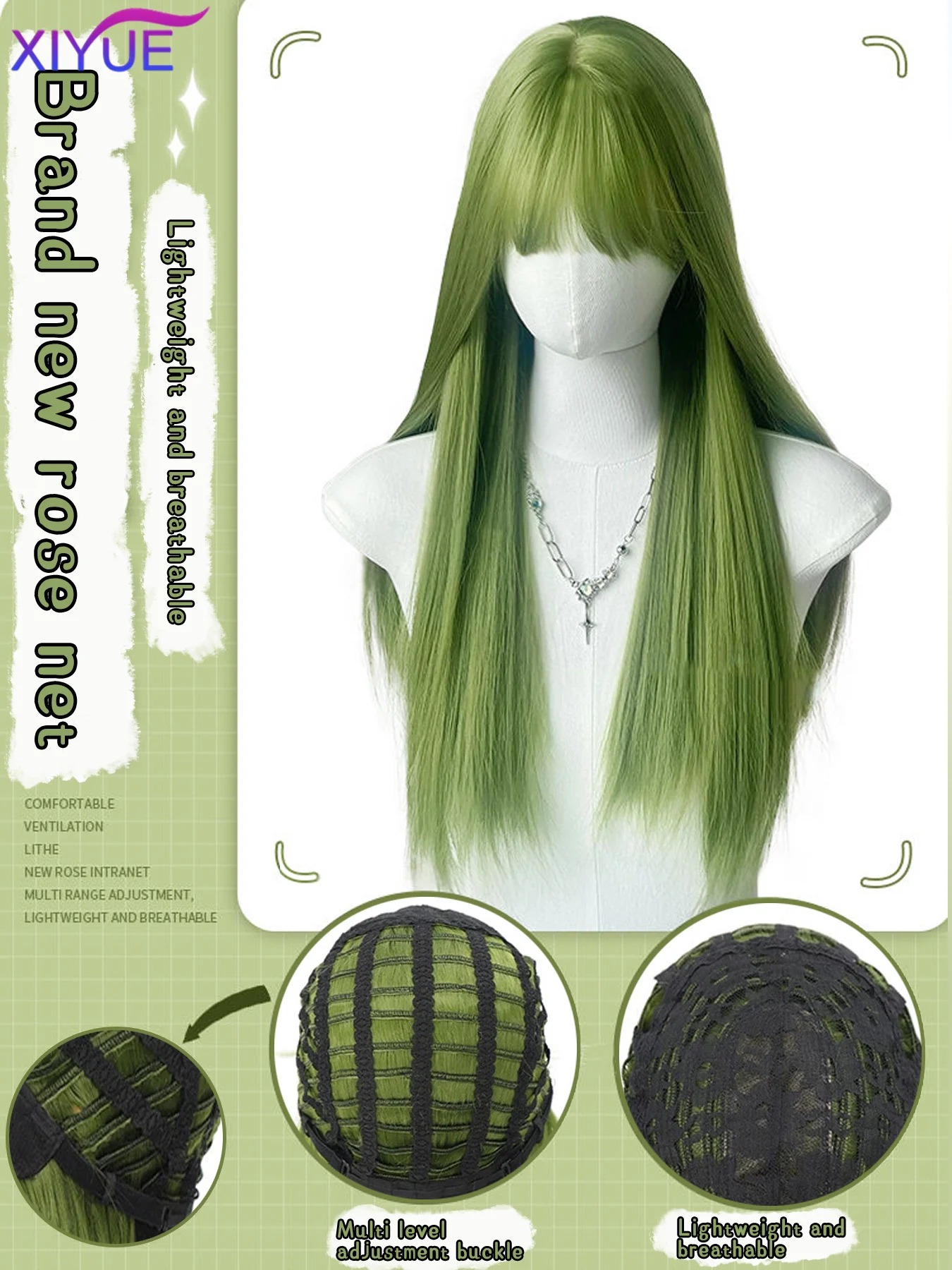 XIYUE Synthetic Cosplay Wig With Bangs Synthetic Straight Hair 20 Inch Long Heat-Resistant Fruit Green Wig For Women