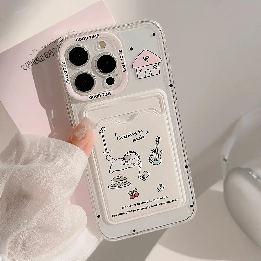 thumbnail image 1 of Korean Cute Cat Card Holder Phone Case For iPhone 16 15 14 13 12 11 Pro Max X XR 7 8 Plus SE Wallet Shockproof Soft Cover Funda, 1 of 4
