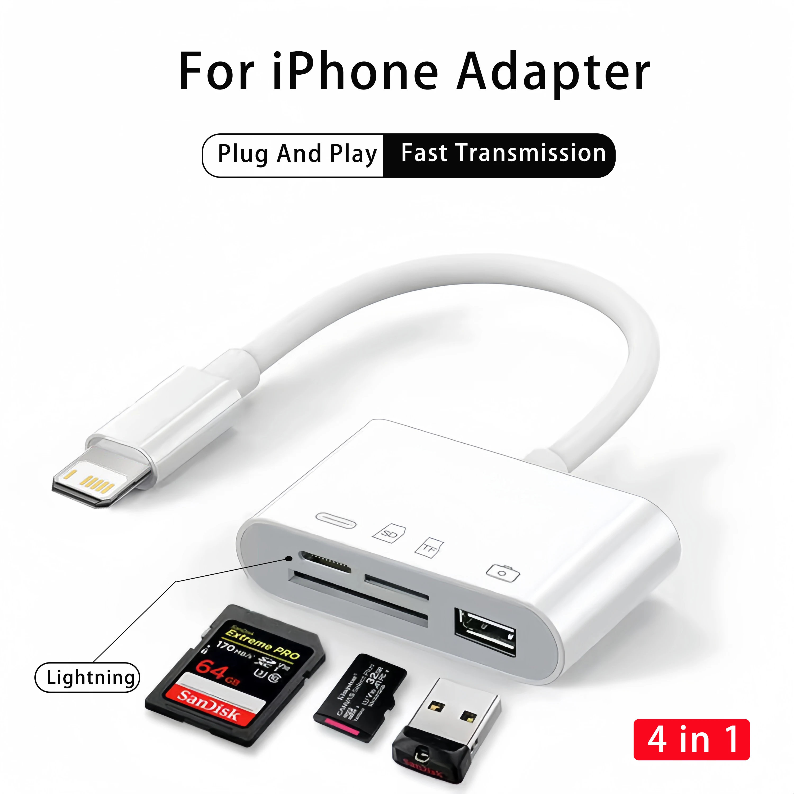 Lettore Di Schede SD 4-in-1 Per IPhone Lightning – Adattatore Per Fotocamera Con Porta USB 3.0, Micro SD, E Ricarica, Fino A 2TB, Plug And Play