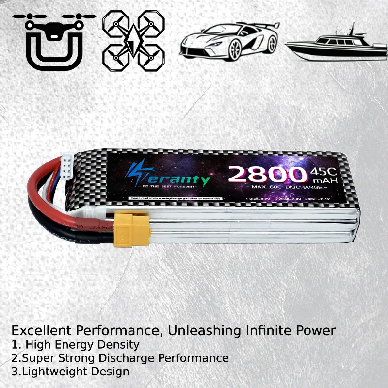 Lot 2 Packs Batterie LiPo 11.1V 1500-2800mAh 3S XT60/T pour RC