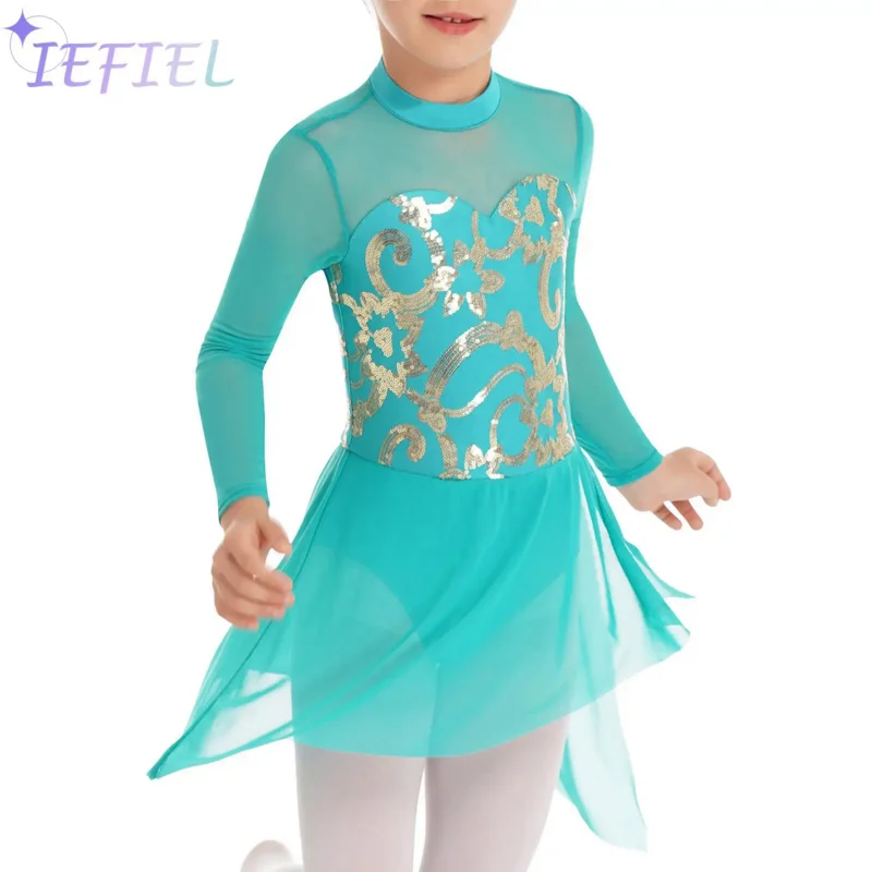 

Kids Lyrical Modern Dance Costume Girls Hollow Back Shiny Sequins Decorated Irregular Hem Slit Dance Dress