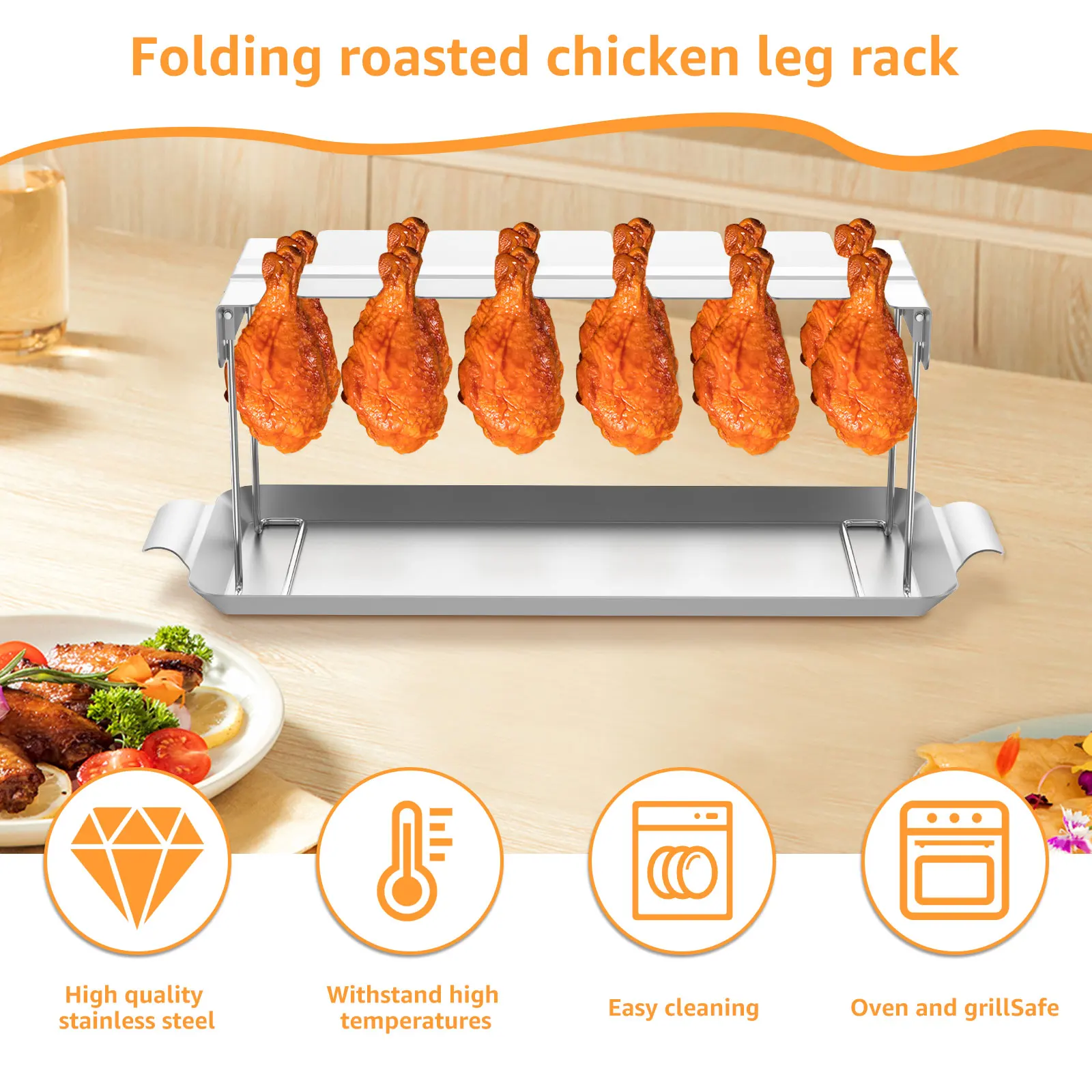 Chicken Leg Rack for Grill Barbecue Cooking Rack Stainless Steel Chicken Wing with Drip Tray Folding BBQ Drumstick Stand