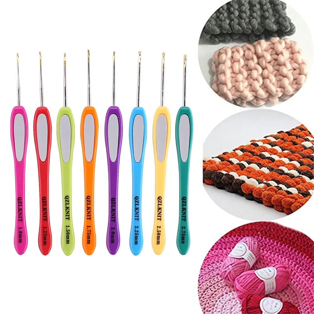 8Pcs/Set Soft Plastic Handle Aluminum Crochet Hooks Knitting Needle Set 1mm-2.75mm Yarn Sweater Weaving Sewing Craft Tools