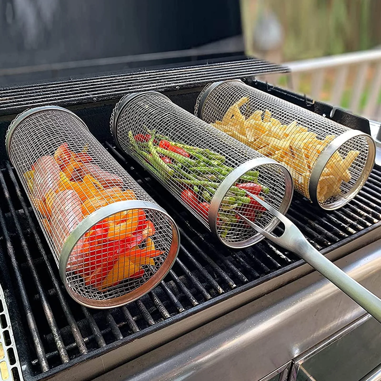 

Rolling Grilling Basket Metal BBQ Barbecue Basket Net Portable Outdoor Camping Barbecue Rack Kitchen Gadgets