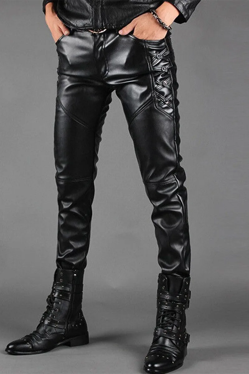 Men's Motorcycle Leather Trousers Slim Fit PU Punk Leather Pants Fashion Casual Black Skinny Leather Pants Men