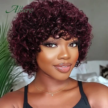 Jerry Curly Human Hair Wigs for Black Women 10 inch Short Pixie Afro Kinky Curly Wig With Bangs Brown Colored Hair Wigs Allure