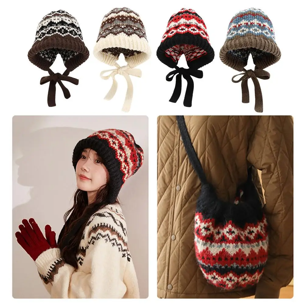 Winter Hat Knitted Hat Women Ethnic Style Striped Spliced Knitted Woolen Hat For Autumn And Winter Thickened Warm And Cold Resistant Ear Protection