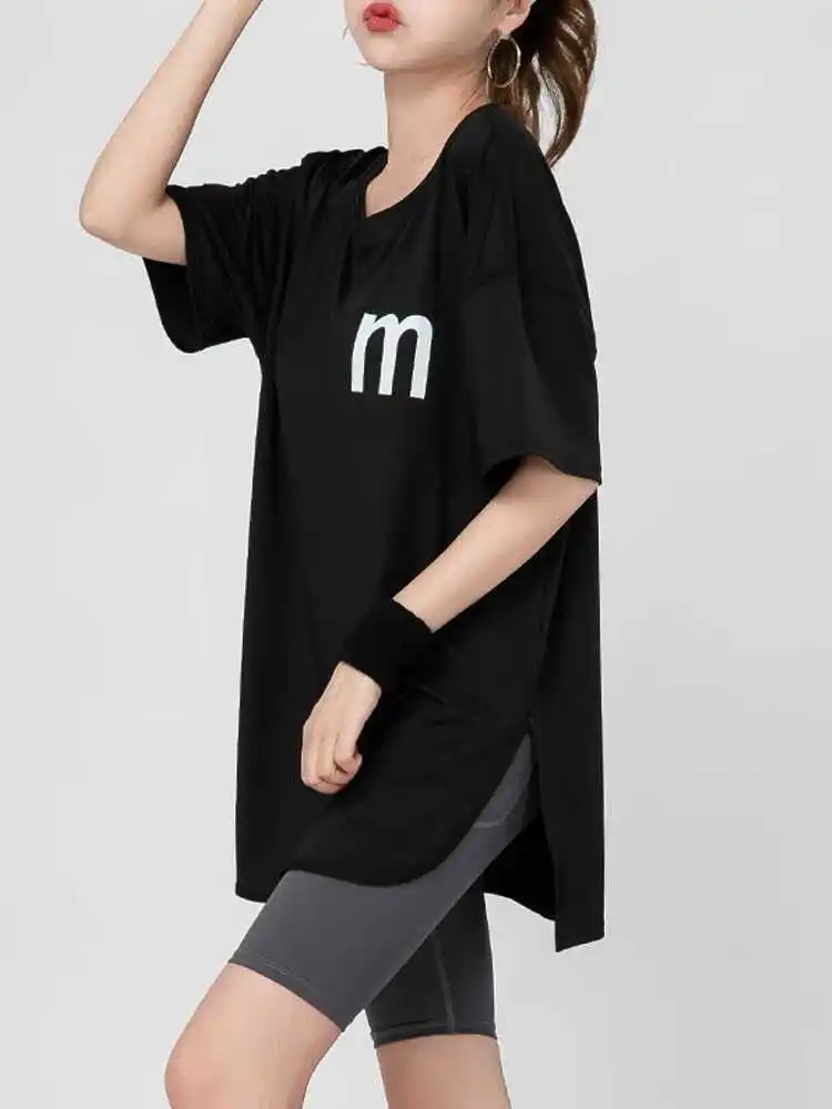 스포티 한 루즈핏 커버 업 요가웨어 여성 여름 러닝 사이드 슬릿 반팔 티셔츠 빠른 드라이 통기성 피트니스 탑