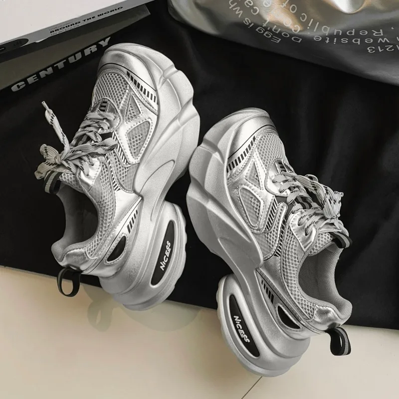 Chunky Sneakers Women Synthetic Leather Round Toe Lace-Up Thick Sole Ladies Shoes Handmade Breathable Ladies Shoes