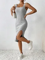Women Summer Style Knitted Suspender Dress Lady Sleeveless Square Collar Side Slit Skirt Dress Vestidos 4