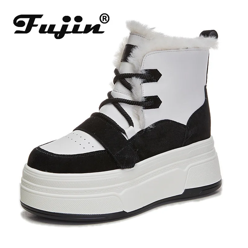 

Fujin 8cm New Suede Genuine Leather Women Boots Snow Spring Warm Ankle Booties Platform Wedge Winter Plush Chunky Sneaker Shoes