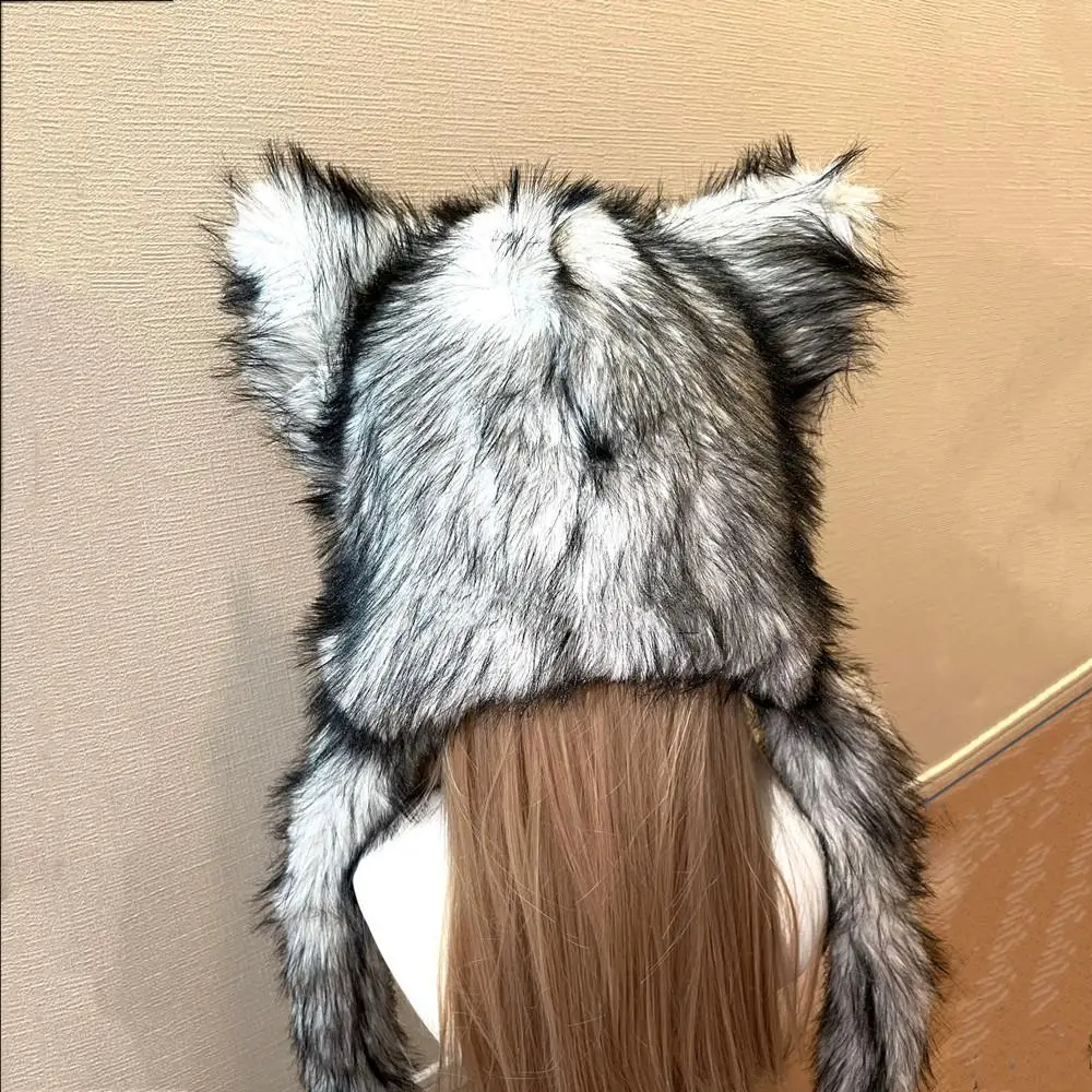 Gothic Punk Fluffy Fur Scarf Hat Archi Cross Chain Wolf Furry Ears Cap Winter Thicken Warm Cap Y2K Gothic Fursuit Cosplay Props