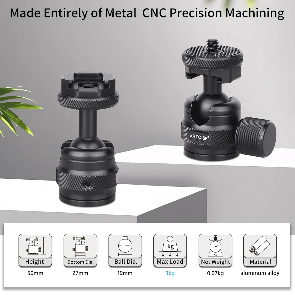 ARTCISE CB21 Mini Tripod Ballhead Low Profile Panoramic Double U-shaped with Cold Shoe for Camera Microphone Fill Light Monopod