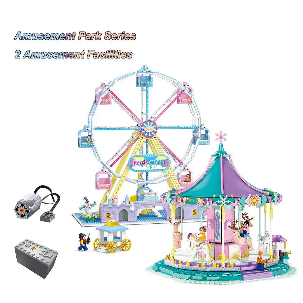 

Big Model Adult Blocks Amusement Park Building Blocks Ferris Wheel Carousel Parade Floats City Bricks Toys For Children Gifts