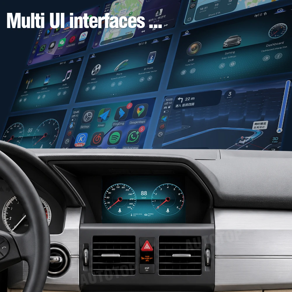 AUTOTOP Pantalla multimedia para coche de 7 pulgadas que conserva el estilo original de fábrica, pantalla táctil para Benz GLK X204 2008-2015 NTG4.0/4.5, radio Linux con CarPlay inalámbrico, Android Auto, navegación GPS, asistente de Google Siri, pantalla de tablero con velocidad y RPM en tiempo real, cámara de respaldo 6