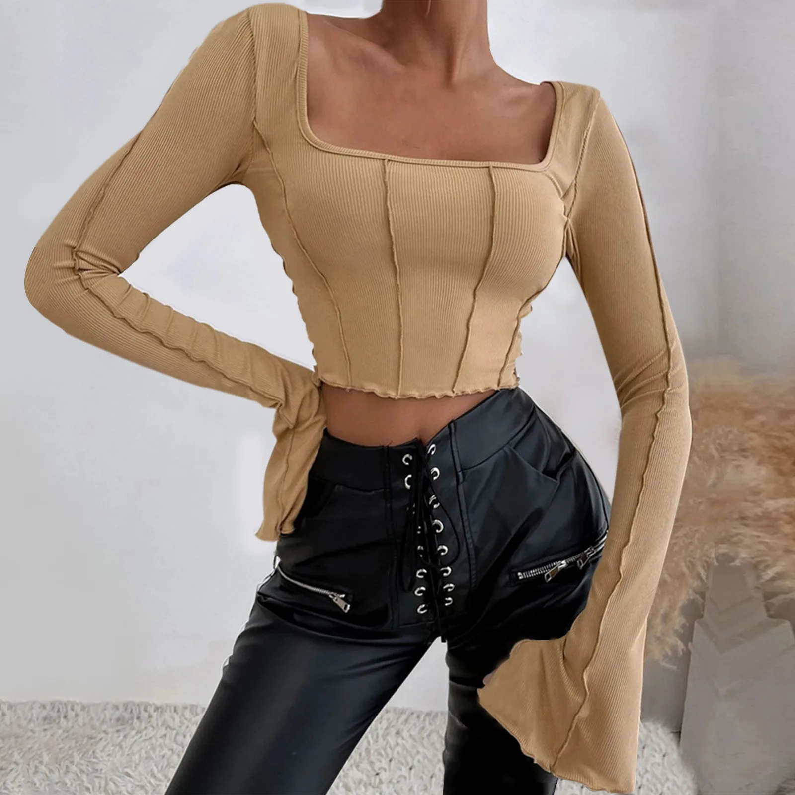 

Square Collar Long Sleeve T-Shirts Y2k Womens Red Autumn Skinny Sexy Solid Basic Crop Tops Push Up Bustier Aesthetic Tee Top