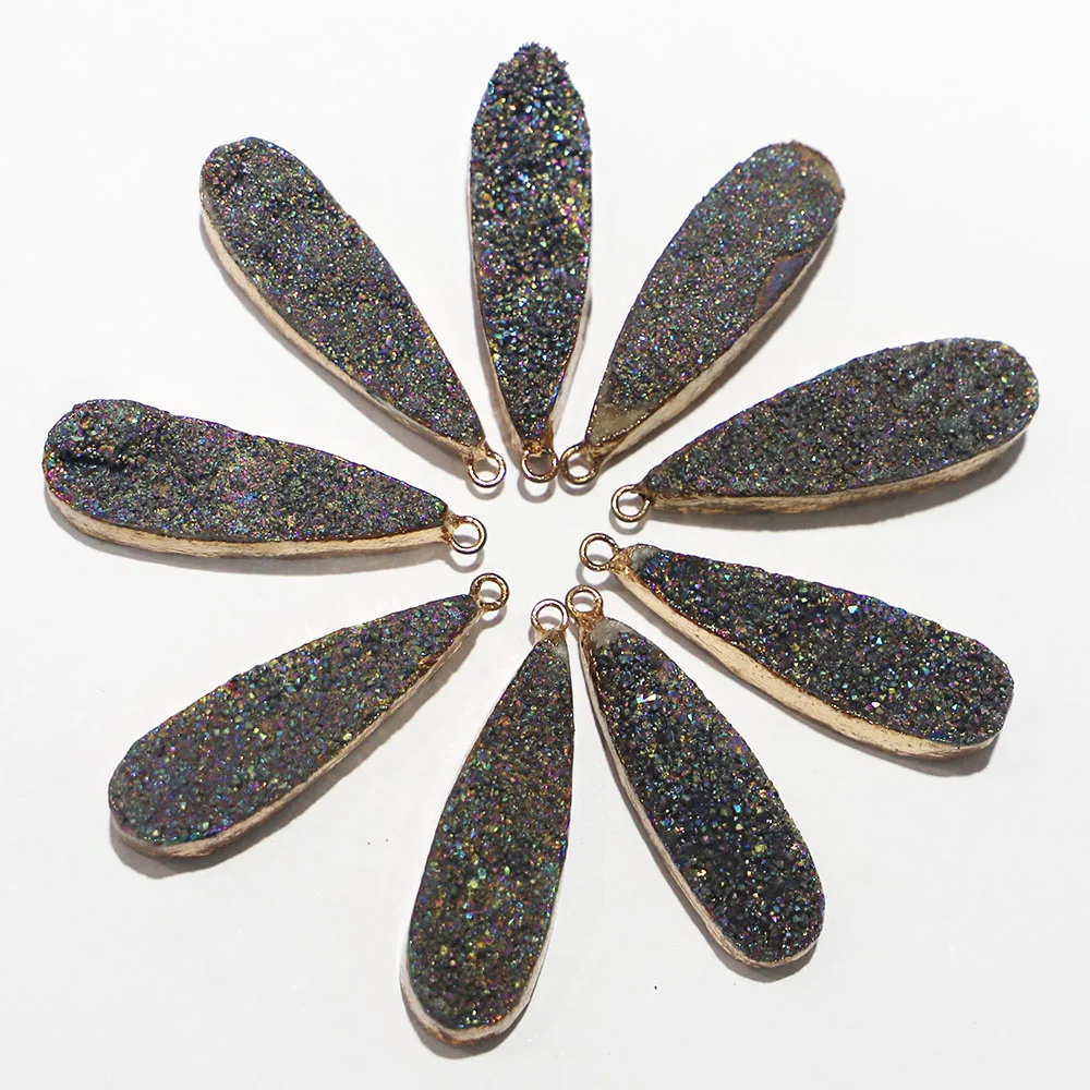 New Natural Grey Water Drop Druzy Stone Necklaces Pendant Metal Mineral Specimen Agate Slice Charms Geode Rough For Jewelry 6Pcs