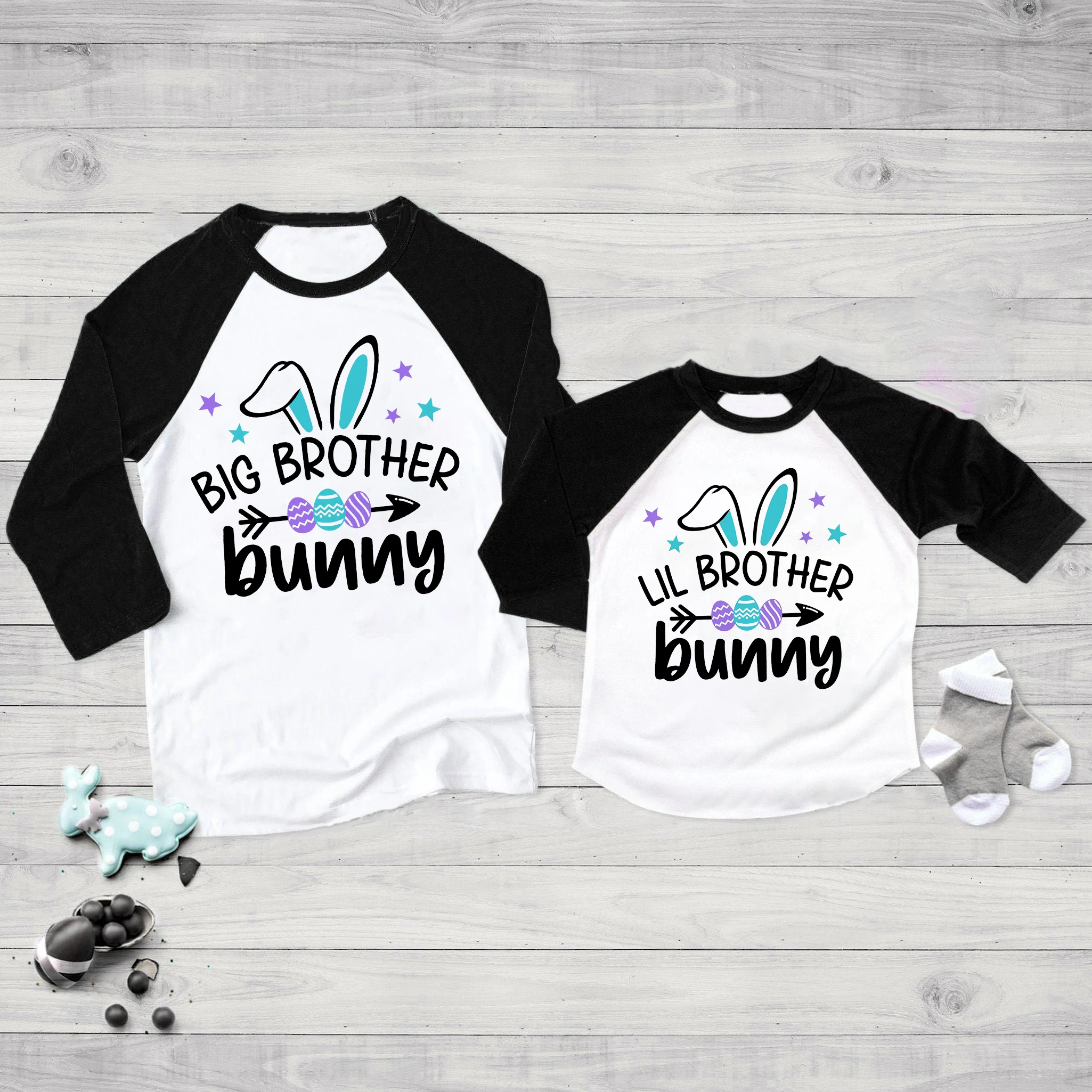 

Big Brother Little Brother Bunny Printed Kids Shirt Easter Boys Girls Outfit Tops Sibling Matching T-shirt Child Raglan Clothes