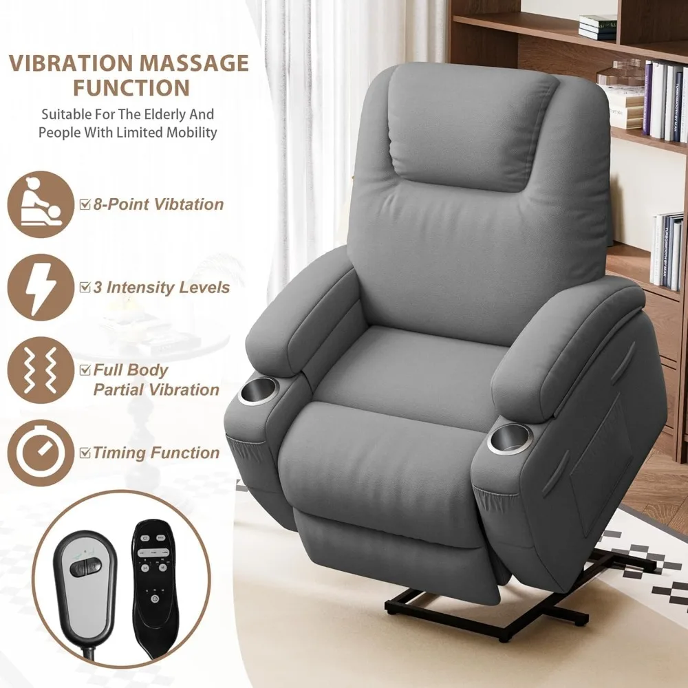 Power Lift Recliner Chair with Massage for Elderly - Ergonomic Design, Remote Control, Cup Holders & Side Pockets (Gray)