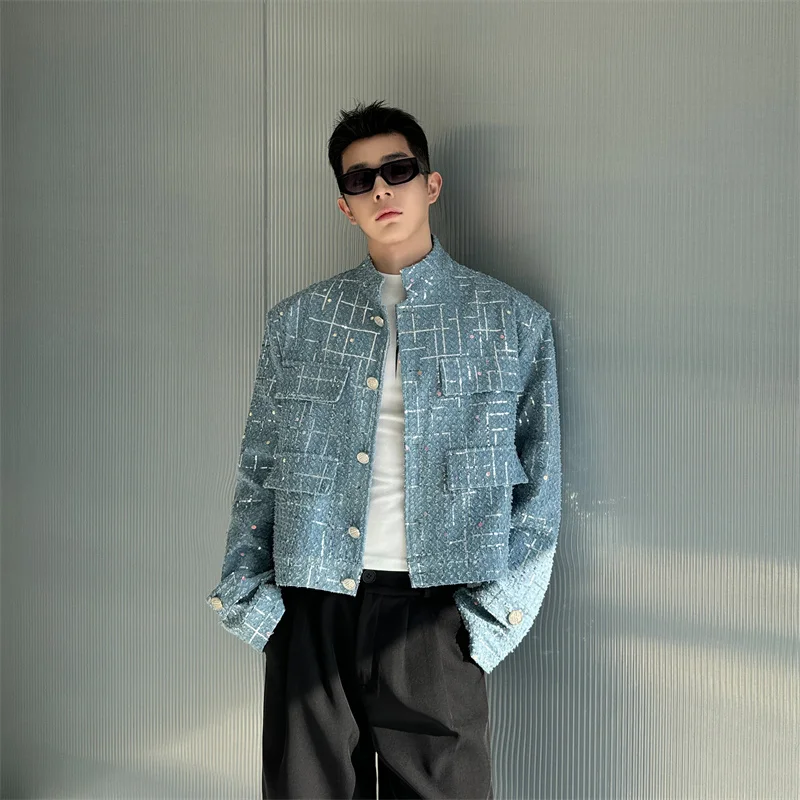 Fashionable Sequins Jacket Men's 2024 Spring Short Denim Jacket Trendy Male Tops High-End Long Sleeve Single-Breasted Jackets