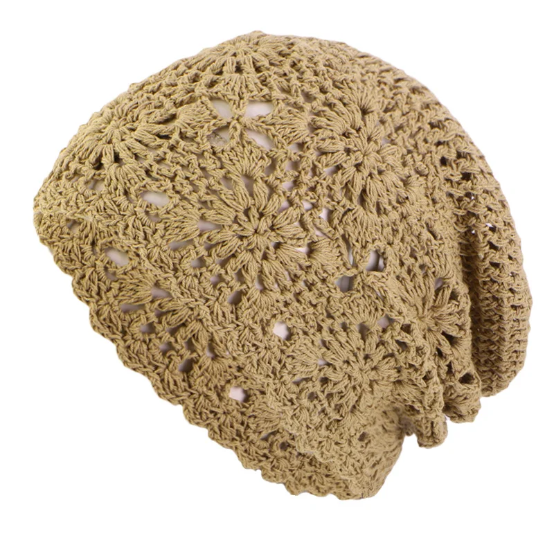 New Women Handmade Crochet Slouchy Beanie Knit Hat Elegant Flower Hollow Out Breathable Skull Cap Elastic Beanies Chemo Cap 6