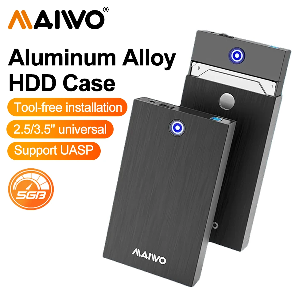 

MAIWO 2.5/3.5 Inch HDD Case External USB 3.0 Tool-Free External Hard Drive Enclosure for SATA SSD Hard Drives Supports UASP