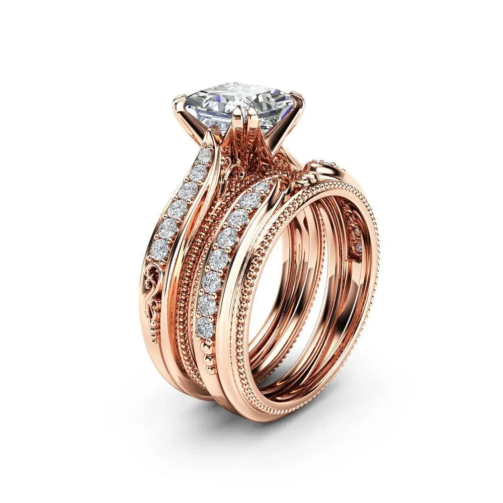 

DIWENFU Real 14k Rose Gold Natural Diamond Rings Set Princess for Women Anillos Mujer Bijoux Femme Ring Box Jewelry Women Ring