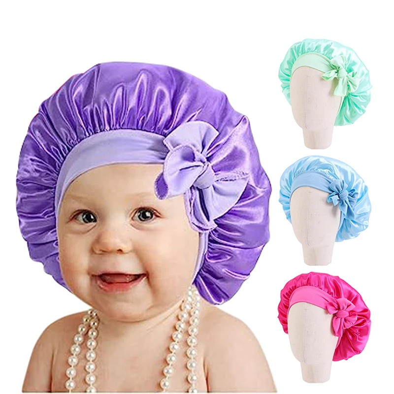 Baby Satin Bonnet With Tie Wide Stretchy Band Soild Color Child Headwrap High Elastic Night Sleep Hat Soft Headcover Chemo Cap