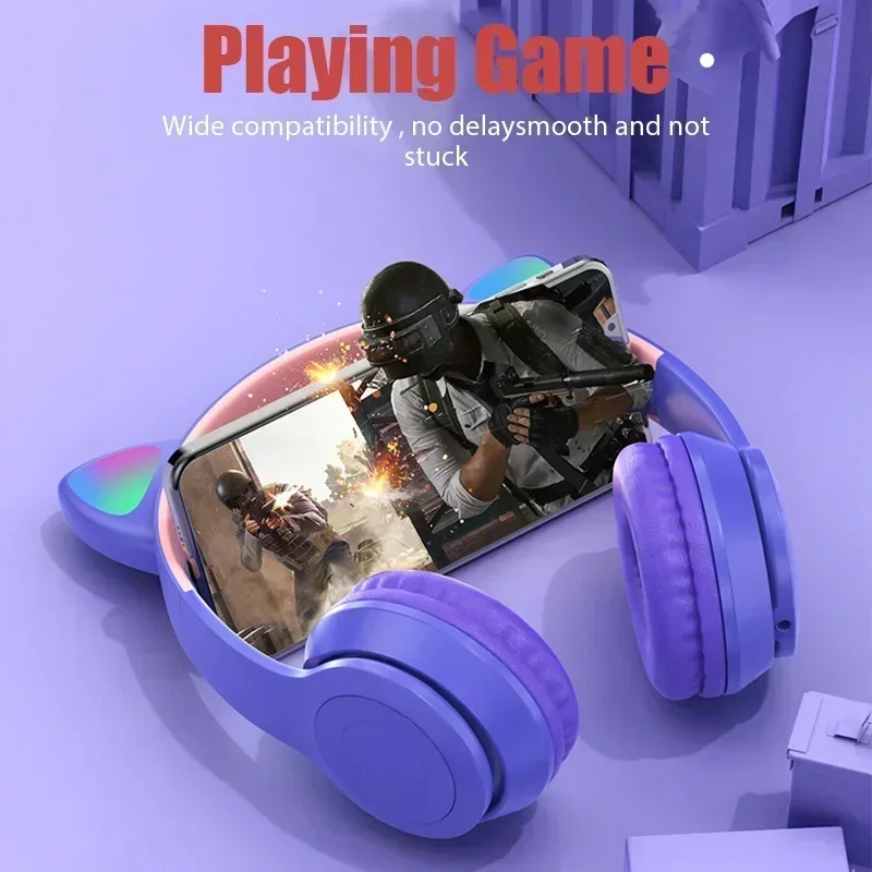 P47M Wireless Game Headphone Flash Light Cute Cat Ears Gaming with Mic Control LED Stereo Music Phone Bluetooth Headset Gift