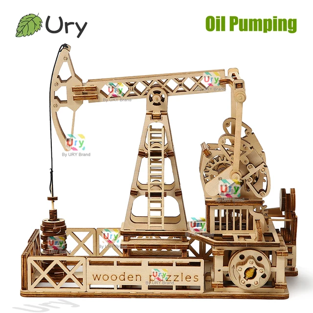 Ury 3D Wooden Puzzle Drilling Oil Wells Beam Pumping Unit Engineering Model Mechanical Kit Assembly Decor DIY Toy Gift for Adult 1