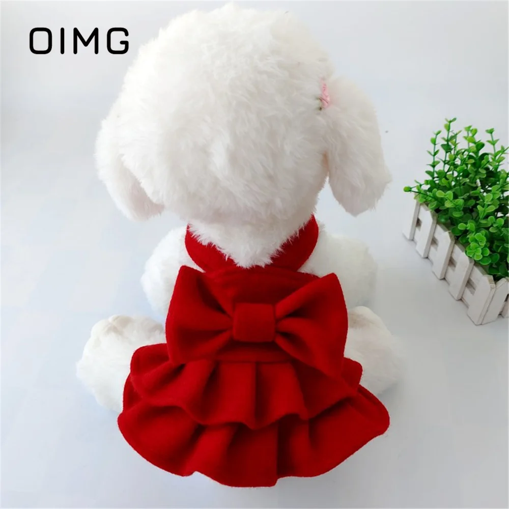 

OIMG New Year's Woolen Coat For Small Dogs Clothes Christmas Red Skirt Puppy Clothes Teddy Bichon Poodle Autumn Winter Pet Dress