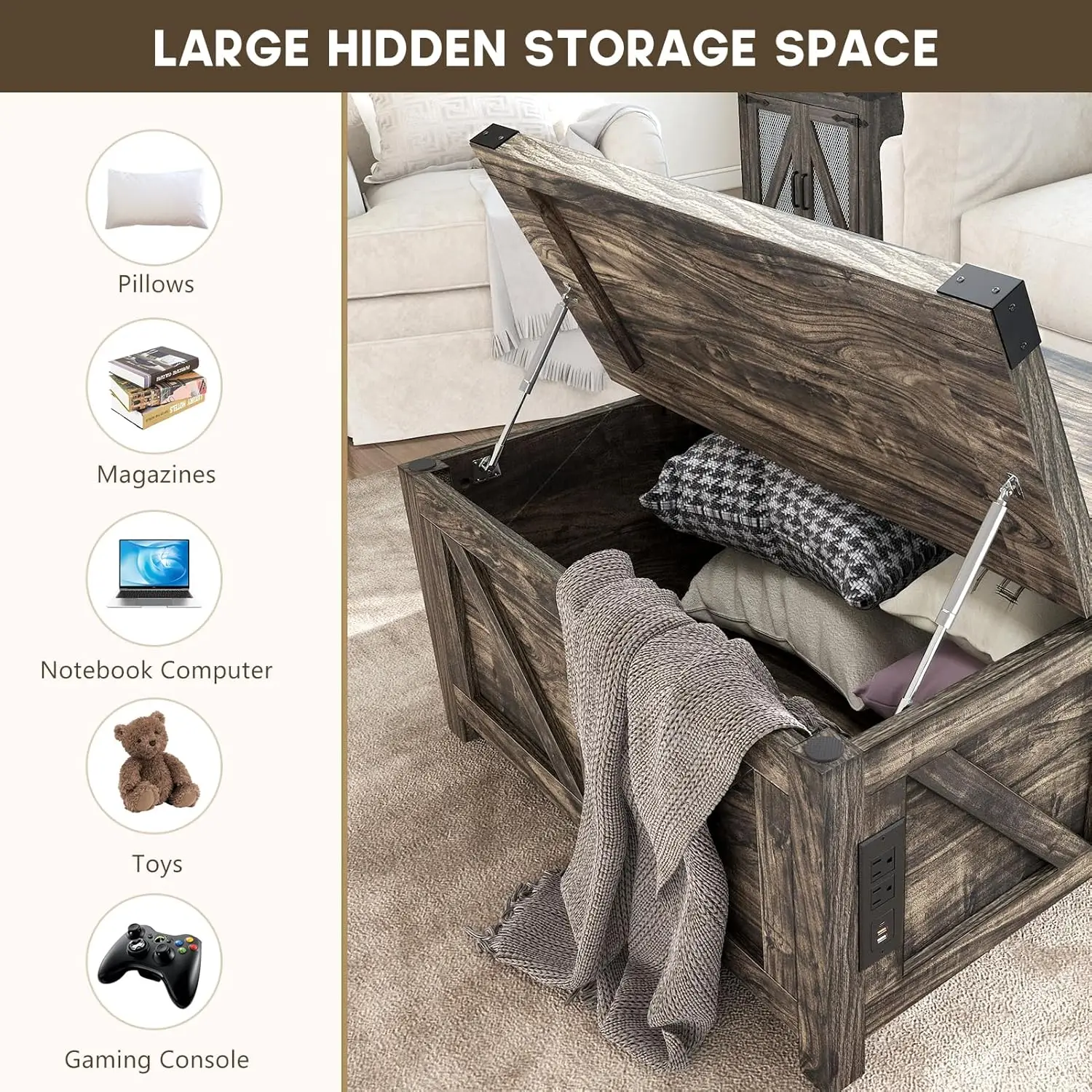 Farmhouse Lift Top Coffee Table with Storage, Wood Square Center Table with Charging Station&USB Ports, Home Office 3