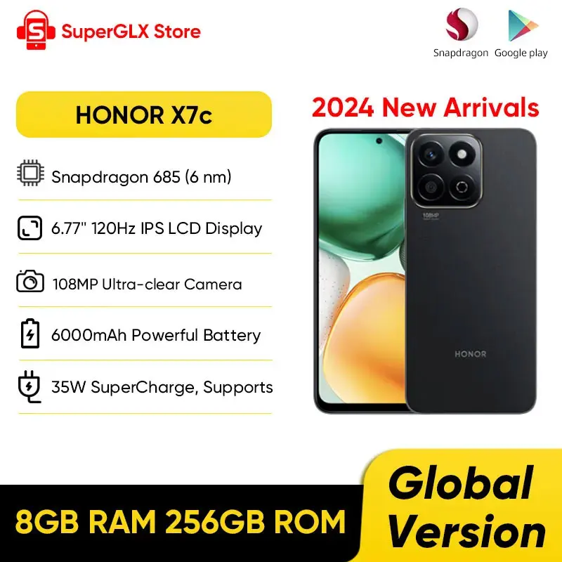 2024 New HONOR X7c 4G Global Version Snapdragon 685 6.77" 120Hz IPS LCD Display 108MP Dual Camera 6000mAh Long Battery IP64