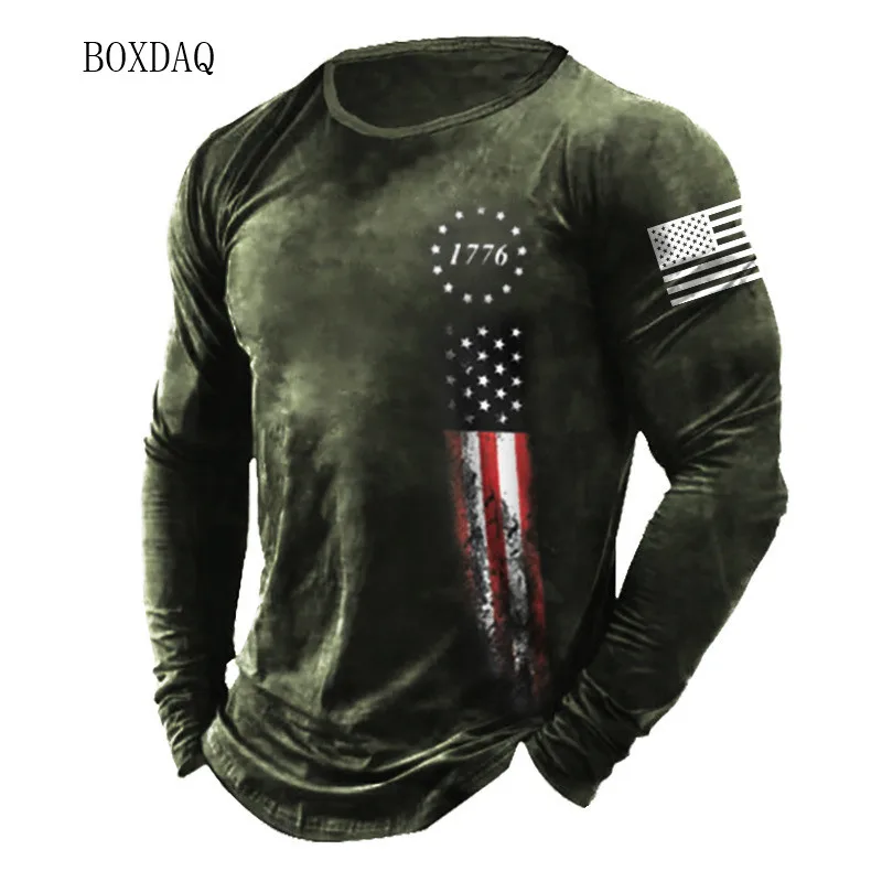 Amerikanische Flagge Muster Männer T-Shirts Frühling Herbst Langarm 3D-Druck Street Fashion T-Shirt 6xl plus Größe männliche Kleidung lässige Tops – Detail 8