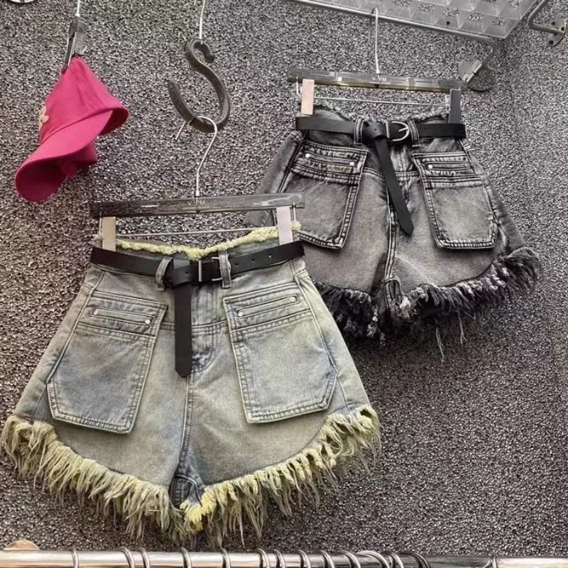 2023 summer new denim shorts women highwaisted slim retro everything with temperament fringe everything with wideleg pants pants