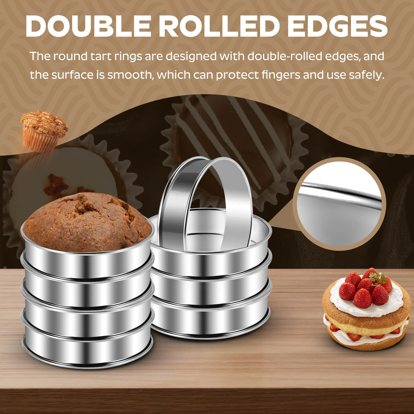 8 Pcs 4.1 Inch Muffin Tart Rings Double Tart Ring Stainless Steel Round Ring Mold for Home Cooking
