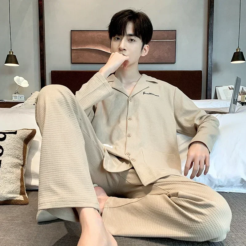 Men's Pajamas Long Sleeve Cardigan Set Simple Loose Sleepwear Plus Size  Loungewear in Spring Autumn and Winter