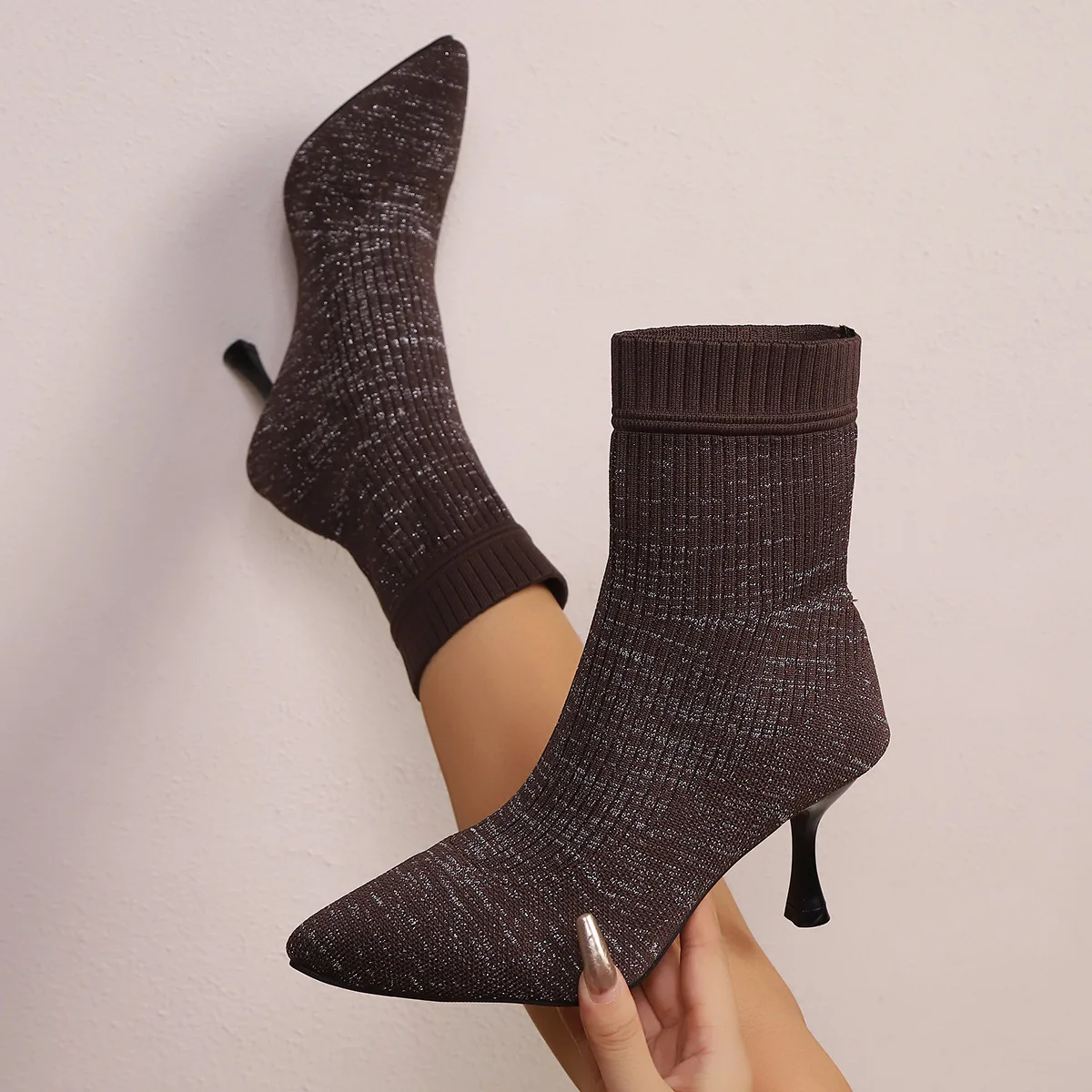 Fashion Knitted High Heels Ankle Boots Women 2025 Winter Slip On Thin Heeled Sock Boots Woman Plus Size Pointed Toe Party Shoes