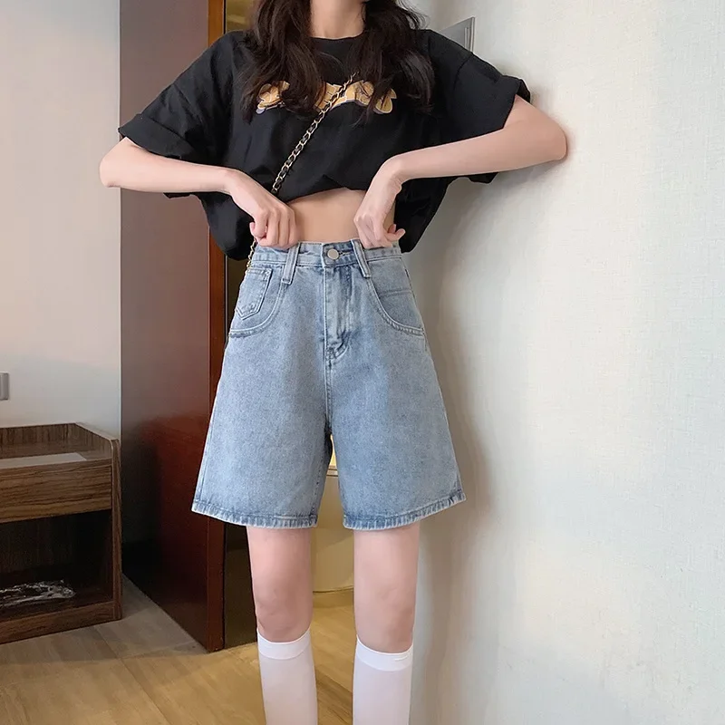 High Waist Slim A-Line Denim Shorts Summer Women Fahsion Light Blue Wide-Leg Hot Pants White Plus Size Sexy Casual Straight Jean