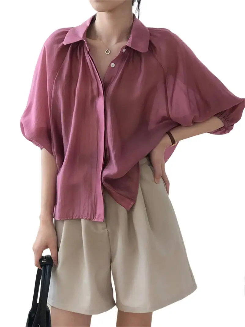 

Женская летняя Солнцезащитная рубашка из вискозы с отложным воротником и рукавом три четверти