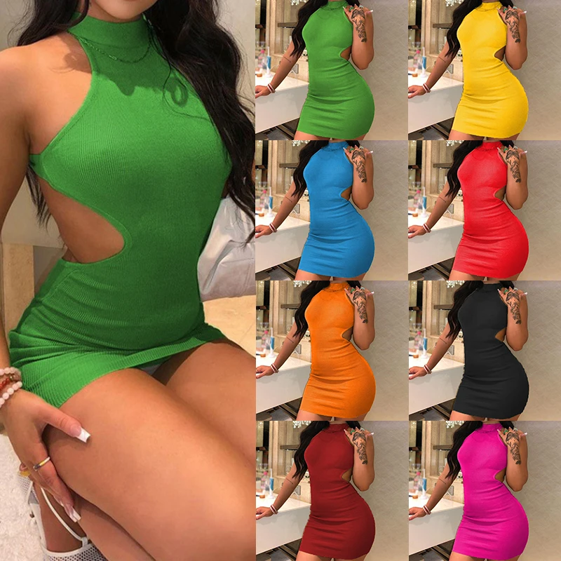 

BKLD 2023 Round Neck Sleeveless Tank Dress For Women Party Streetwear Stretch Casual Cross Backless Cut Out Solid Skinny Dresses