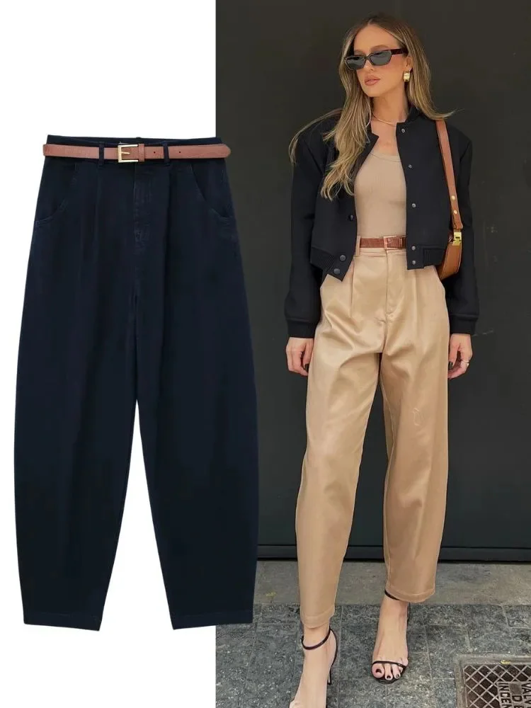HH TRAF Fall Women\'s Fashion Casual Pants with Belt Female High Waisted Blended Ankle Straight Leg Trousers Business Work Pants