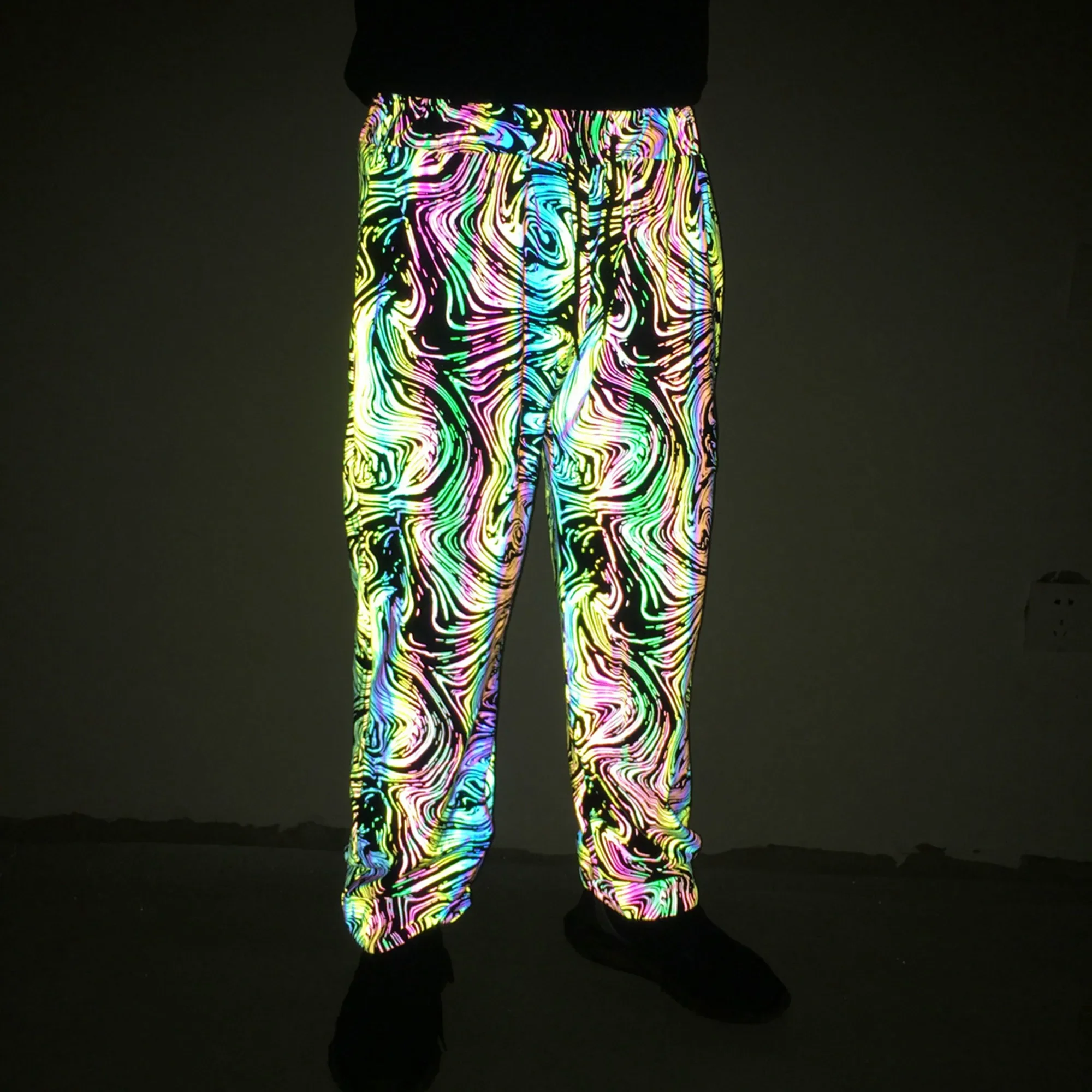 

2022 Knitted Holographic Men Reflective Geometric "Vortex Pattern" Colorful Hip Hop Pants Casual Jogging Sweatpants