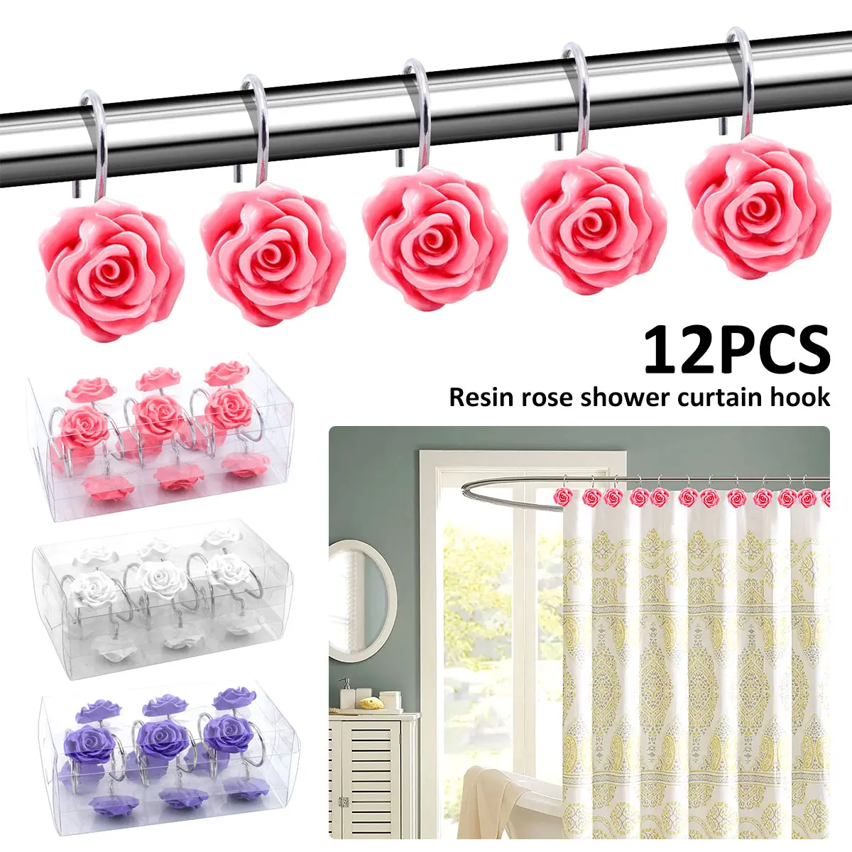 Shower Curtain Hooks Resin Rose Flower Decorative Rings Bathroom Baby Room Bedroom Living Room 12Pcs