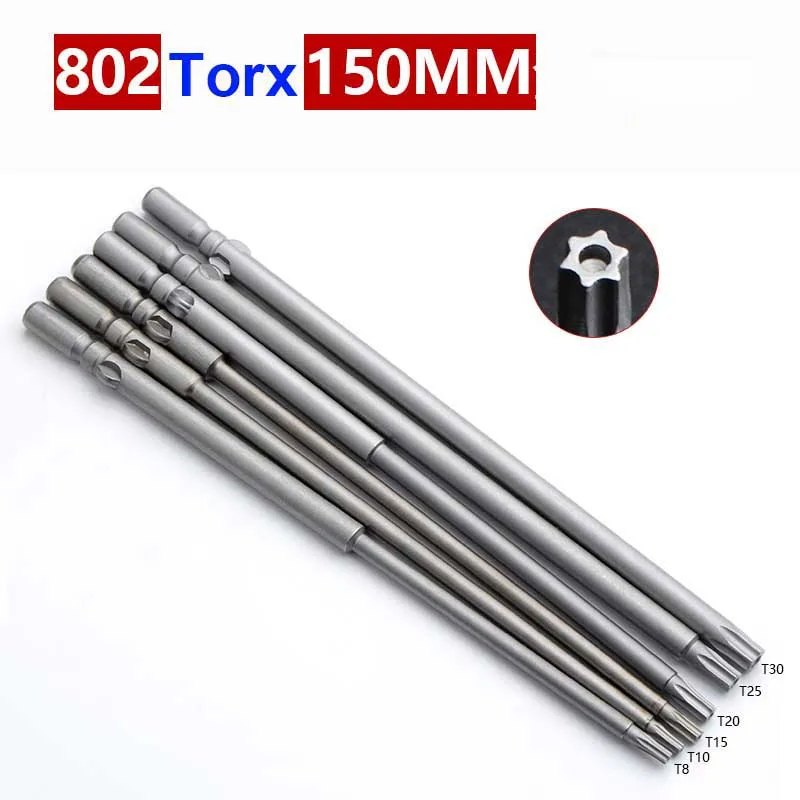 

6pcs 802 6mm Round Shank Magnetic Torx Screwdriver Bits Electric Screwdriver Head 150mm Length T8 T10 T15 T20 T25 T30 With hole