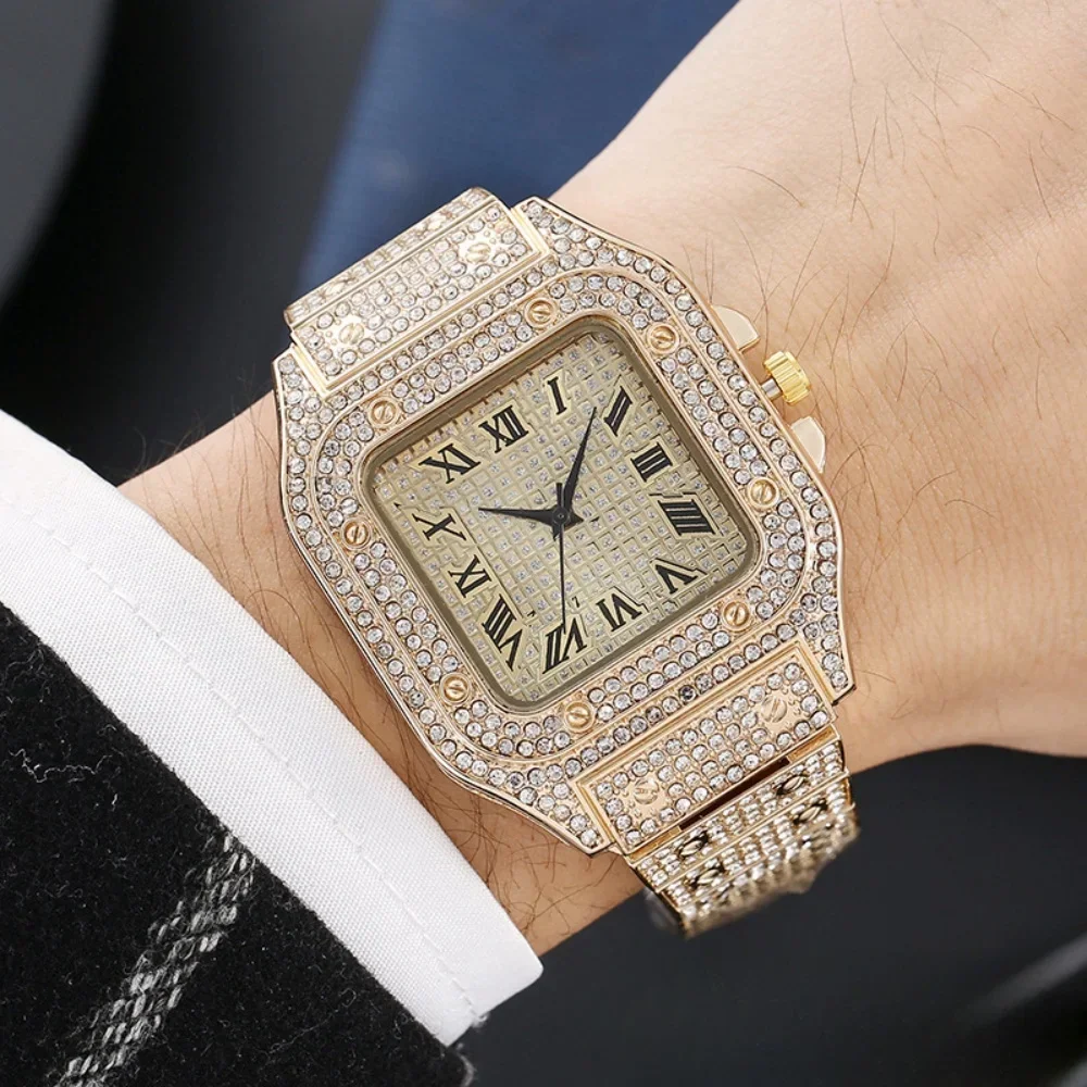 Punk Men Women New Men's Watch Quartz Hip Hop Fashion Leisure Square Alloy Steel Band Diamond Gold Watch for Classmate Gift 2