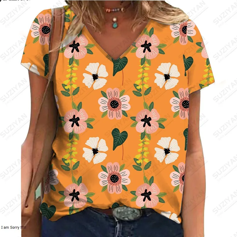 

New hot selling short sleeved V-neck T-shirt with loose temperament, 3D floral print, beach breathable women's short sleeved top
