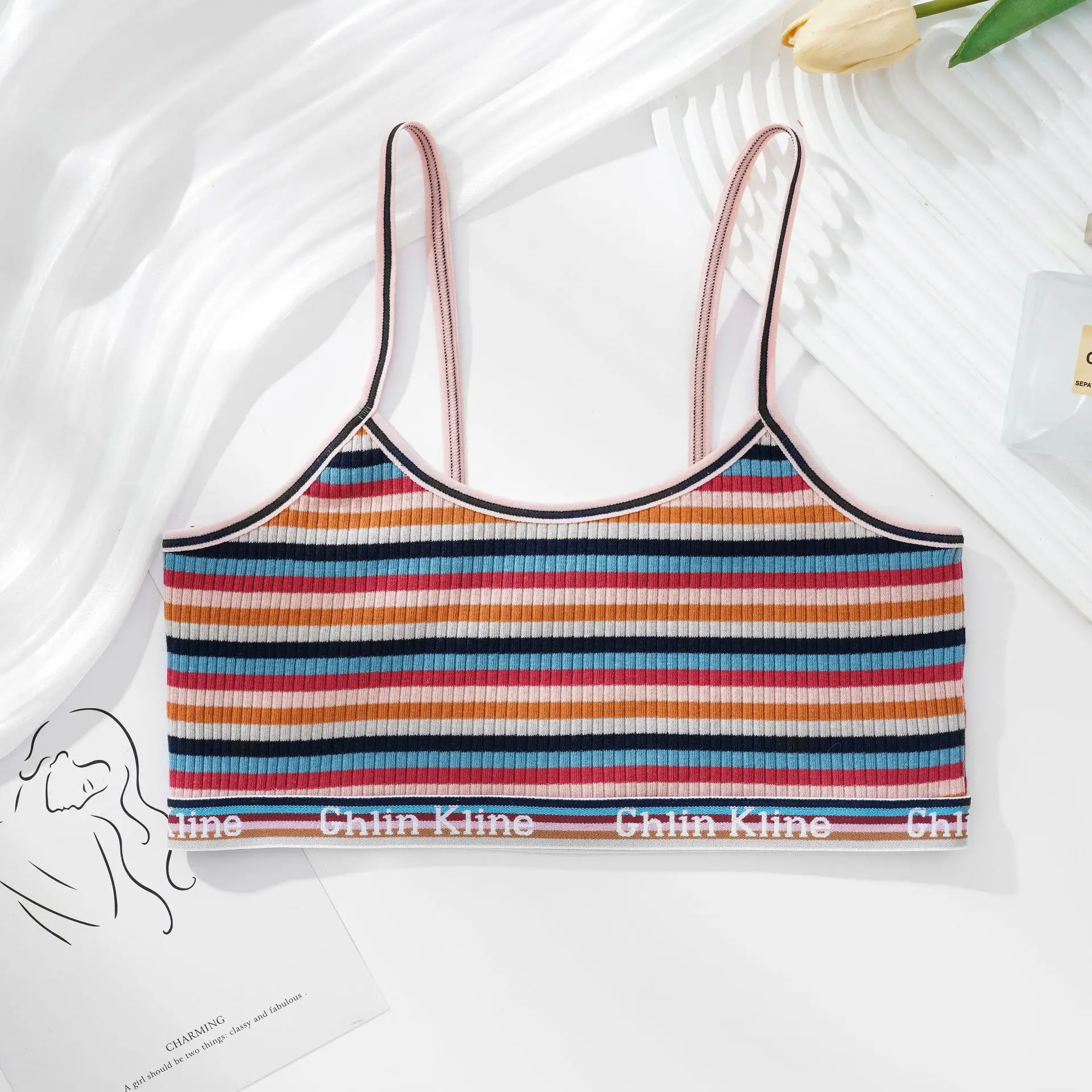 Women Cotton Bras Female Thin Bralette Small Breast Girl Breathable Bra Colorful Striped Comfort Underwear No Pad Brasieres